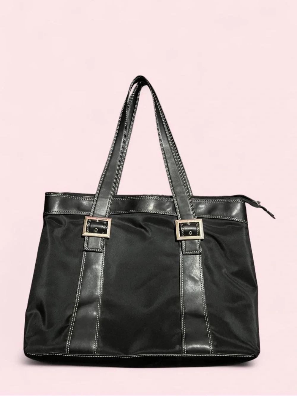 Black Tote Bag with Buckle-Trim Handles